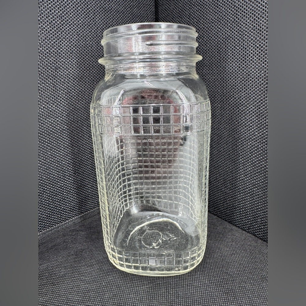 Vtg Glass Quart Canning Jar~Quilted Square Waffle Grid Pattern~No Lid